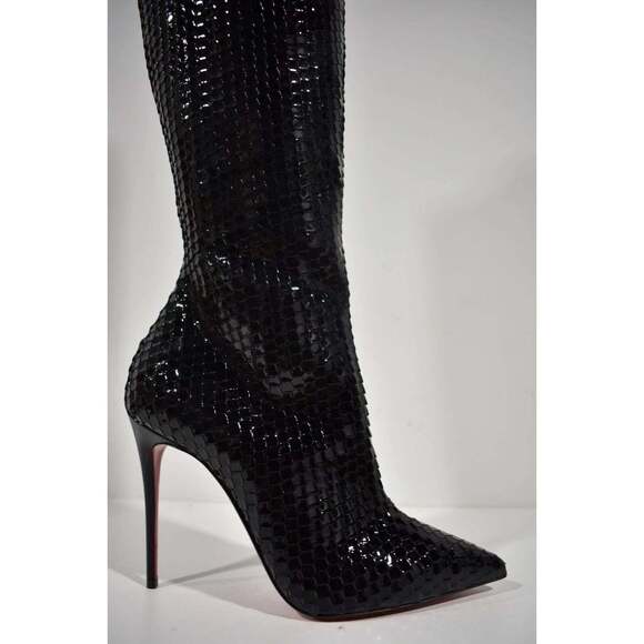 Christian Louboutin Alta Botta 100 Black Patent Bird Knee High Heel Boot 38.5 - Picture 5 of 12
